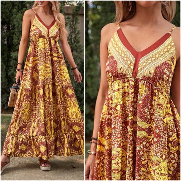 Bohemian Gypsy Army Green Ruffle Cami Maxi Dress Floral - Picture 2 of 6